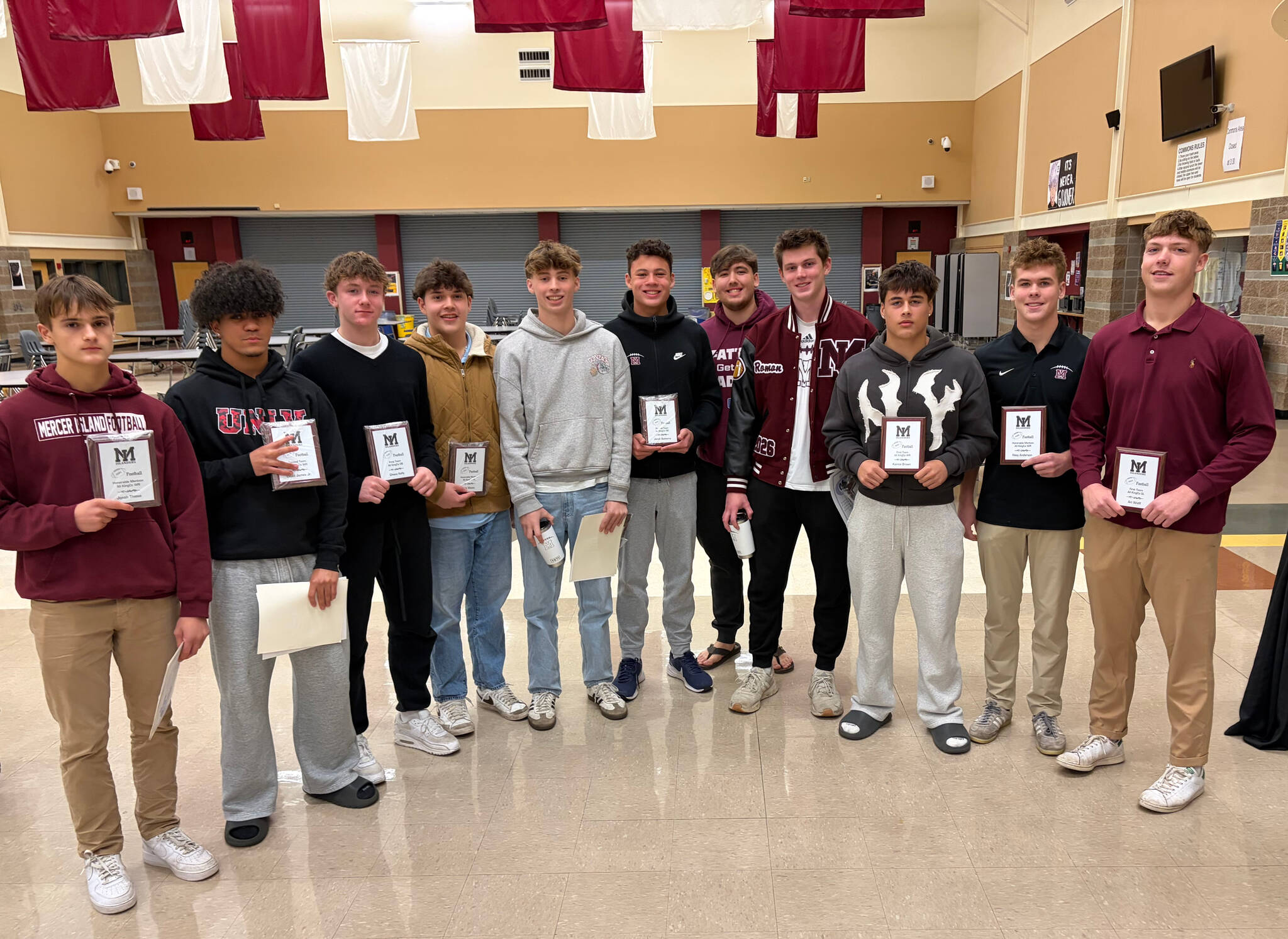 Mercer Island High School football KingCo Mountain Division all-leaguers: Jonah Thiese, David James Jr, Chase Kelly, Joey Weiss, Brendan McGuire, Jonah Battema, Shaun Wurster, Roman Hanlon, Kainoa Brown, Riley Anderson and Ari Wolff. Not pictured: Axel Avenstam. Following are some of the Islanders statistics for this season: Quarterback Dillon Carroll was 89-for-181 passing for 1,158 yards and four TDs; quarterback Luke Christofferson was 42-for-80 passing for 507 yards and seven TDs; running back Brown had 101 carries for 420 yards and seven TDs; on the receiving front, James Jr. had 30 receptions for 345 yards and one TD, Battema had 21 receptions for 143 yards and one TD, Brown had 19 receptions for 290 yards, Anderson had 19 receptions for 258 yards and Kelly had 18 receptions for 243 yards and three TDs; Kelly had four interceptions; in the tackling realm, Myles Mastalir had 98 total tackles (37 solo, 61 assist), McGuire had 78 total tackles (30 solo, 48 assist) and Battema 61 total tackles (21 solo, 40 assist); and kicker Hanlon made 21 of 22 PATs and eight field goals with a long field goal of 47 yards. Courtesy photo
