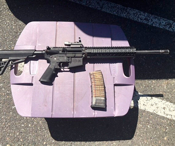 <p>An AR-15 rifle and a loaded magazine that were recovered from a suspect in a shooting incident at the Kent Station parking garage in 2019. (Photo courtesy of King County Sheriff’s Office)</p>