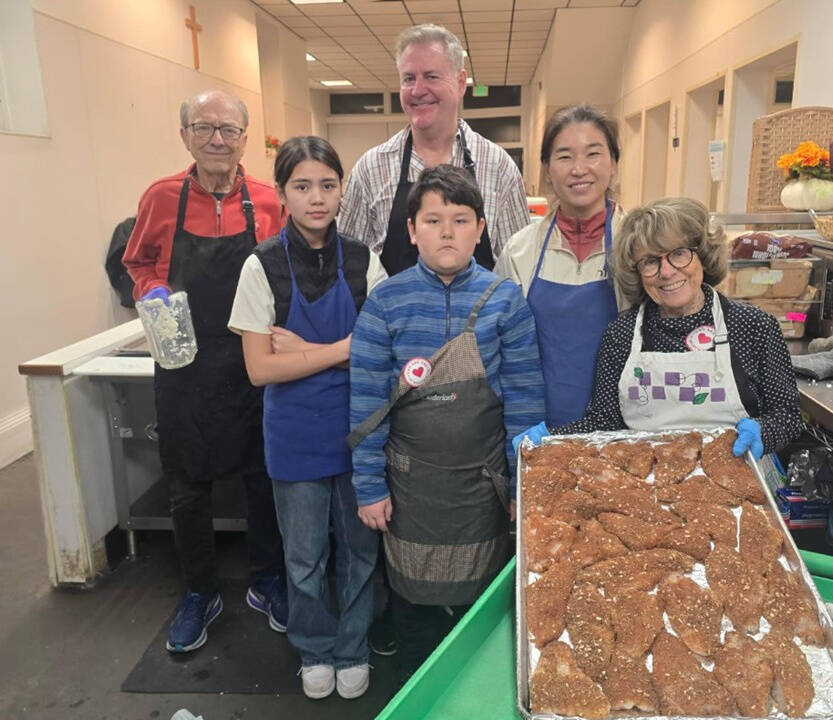 The Rotary Club of Mercer Island held a monthly service project on Nov. 26 at Operation Nightwatch in Seattle. The enthusiastic six-member team prepared a dinner for 150 homeless adults in Seattle who came to Operation Nightwatch’s dining room. The main course was fish fillets. Pictured are Terry Lee, Jessie White, Todd White, Jake White, Yang Ahn-White and Nancy Lee. Photo courtesy of Todd White