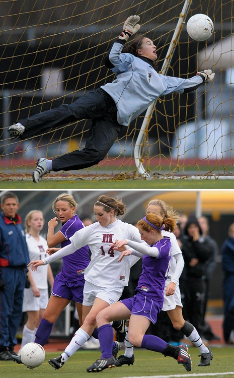 Top: Islander goal keeper Corey Goelz (1) blocks a shot during the deciding shoot-out against Columbia River.  Bottom: Islander midfielder Lauren Frank (14) works for a ball between two Columbia River defenders on Saturday.