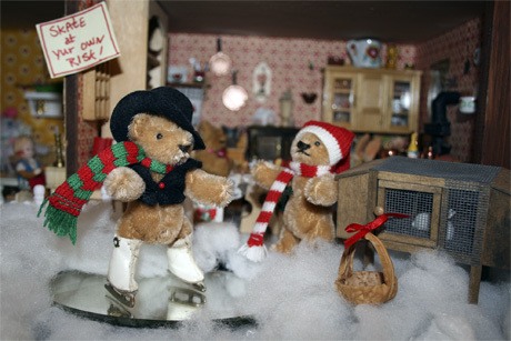 Miniature holiday bears are on display at the Mercer Island library through December.