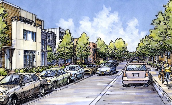 A sketch of lower 77th Avenue S.E. shows how the street character could be changed with parallel parking and larger setbacks.