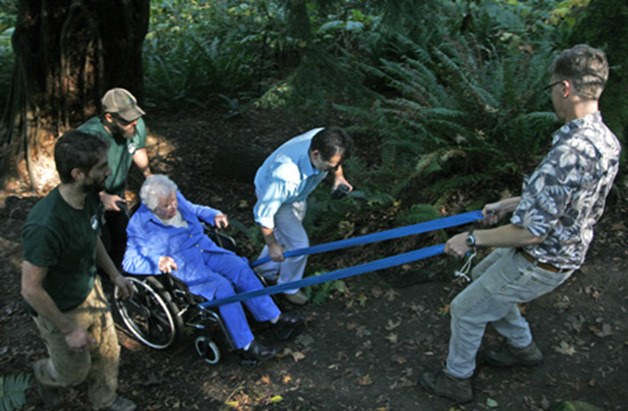 Longtime Island resident 95-year-old Margaret Quarles visits the Engstrom Open Space last week with the help of Paul West