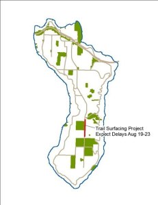 The red portion of the map shows where crews will work to resurface the trail along Island Crest Way.