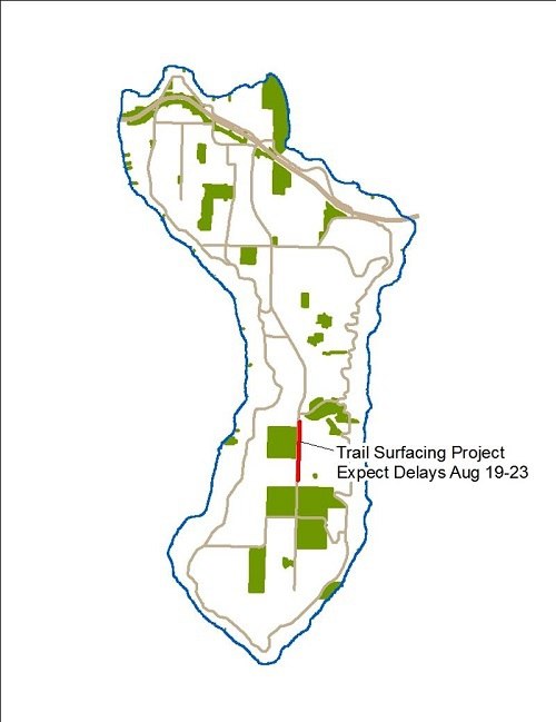 The red portion of the map shows where crews will work to resurface the trail along Island Crest Way.