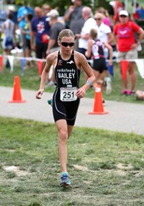 Ellie Bailey approaches the finish line of her 2K run during the USA Triathlon Junior National Championships