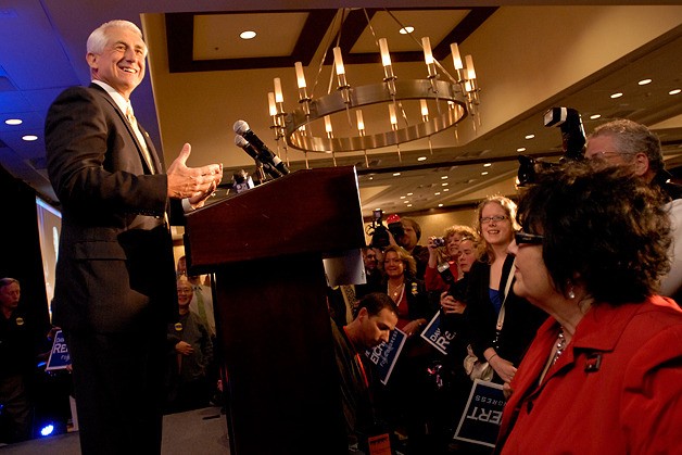 Rep. Dave Reichert addresses supporters during a Republican election return party at the Hilton Hotel in Bellevue on Tuesday.
