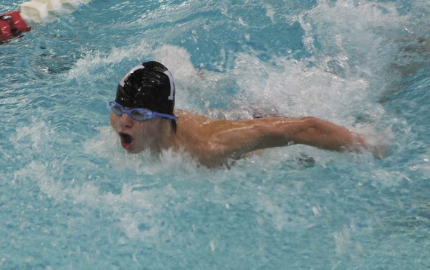 Mercer Island's Chris Apodaca swims the butterfly portion of the 200 medley relay during the Islanders meet against Bainbridge on Tuesday