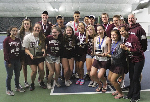 The Mercer Island boys and girls tennis teams show off their trophies from the 2016 3A state championships Saturday in Kennewick.