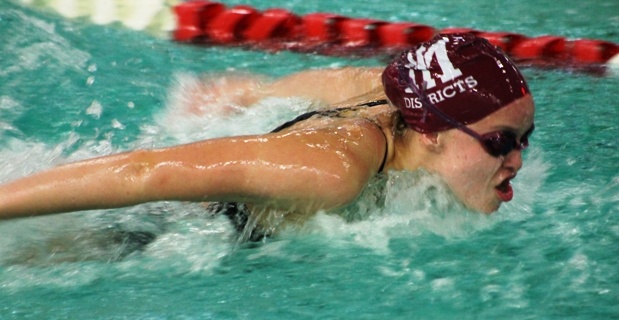 Mercer Island senior Grace Wold swims the butterfly portion of the individual medley race during the SeaKing District finals on Saturday