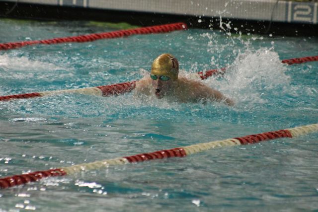Karl MacLane swims in the 100 butterfly during the SeaKing district meet on Saturday