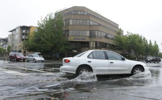 A car drives thorugh a puddle near a clogged storm drain at the intersection of SE 28th Street and 80th Avenue SE during heavy rainfall on Mercer Island Thursday