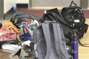 Piles of backpacks