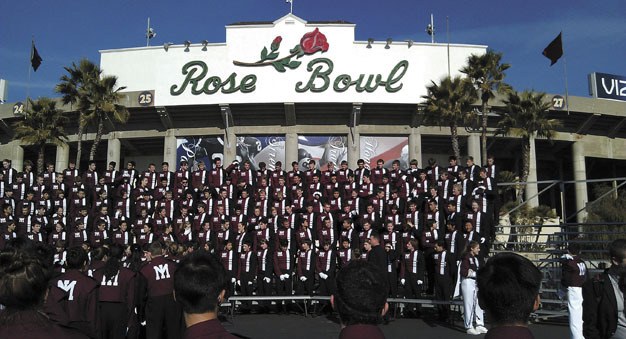 The Mercer Island marching band lines up for the official Rose Parade picture