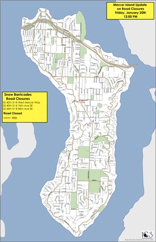A map of current road closures on Mercer Island in the afternoon on Friday