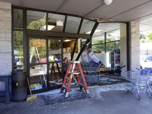 A vehicle crashed through the front doors of the South end Rite Aid