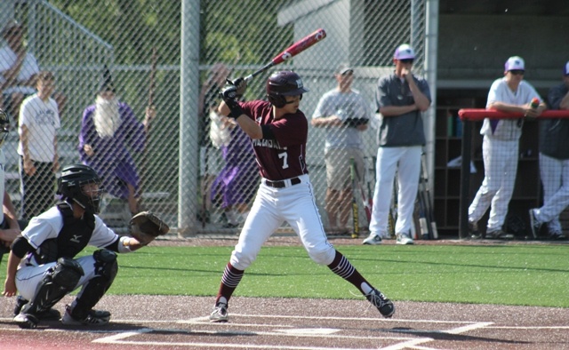 Michael Petrie (7) takes the batter's box during the first inning of Mercer Island's 3A KingCo tournament game against Lake Washington Saturday at Bannerwood Park. The Kangs beat the Islanders