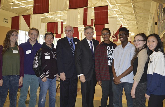 King County Executive Dow Constantine and Deputy Executive Fred Jarrett visit with Mercer Island High School students last week. From left