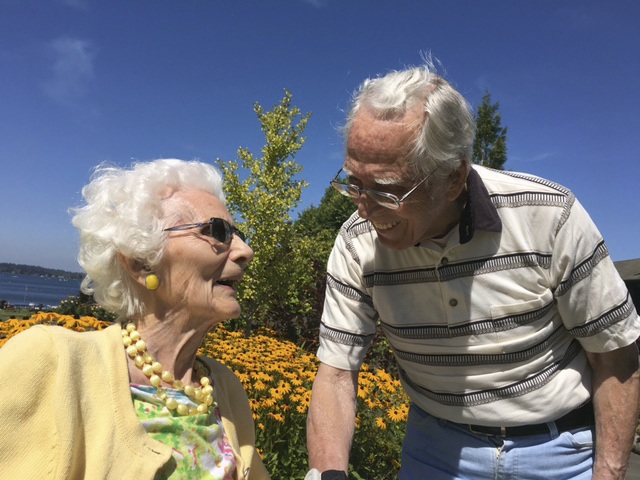 Covenant Shores residents Lois Lawson and Bert Pound both turn 100 on Sept. 28. Photo courtesy of Greg Asimakoupoulos