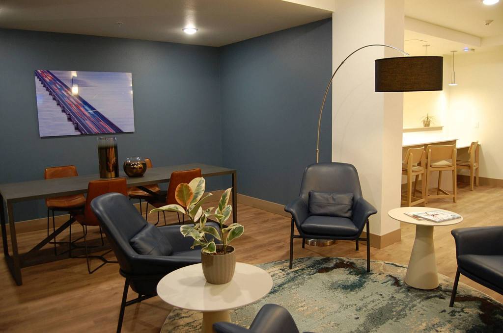 One of the lounge areas displays a photo of the Interstate 90 bridge named for Homer Hadley. Katie Metzger/staff photo