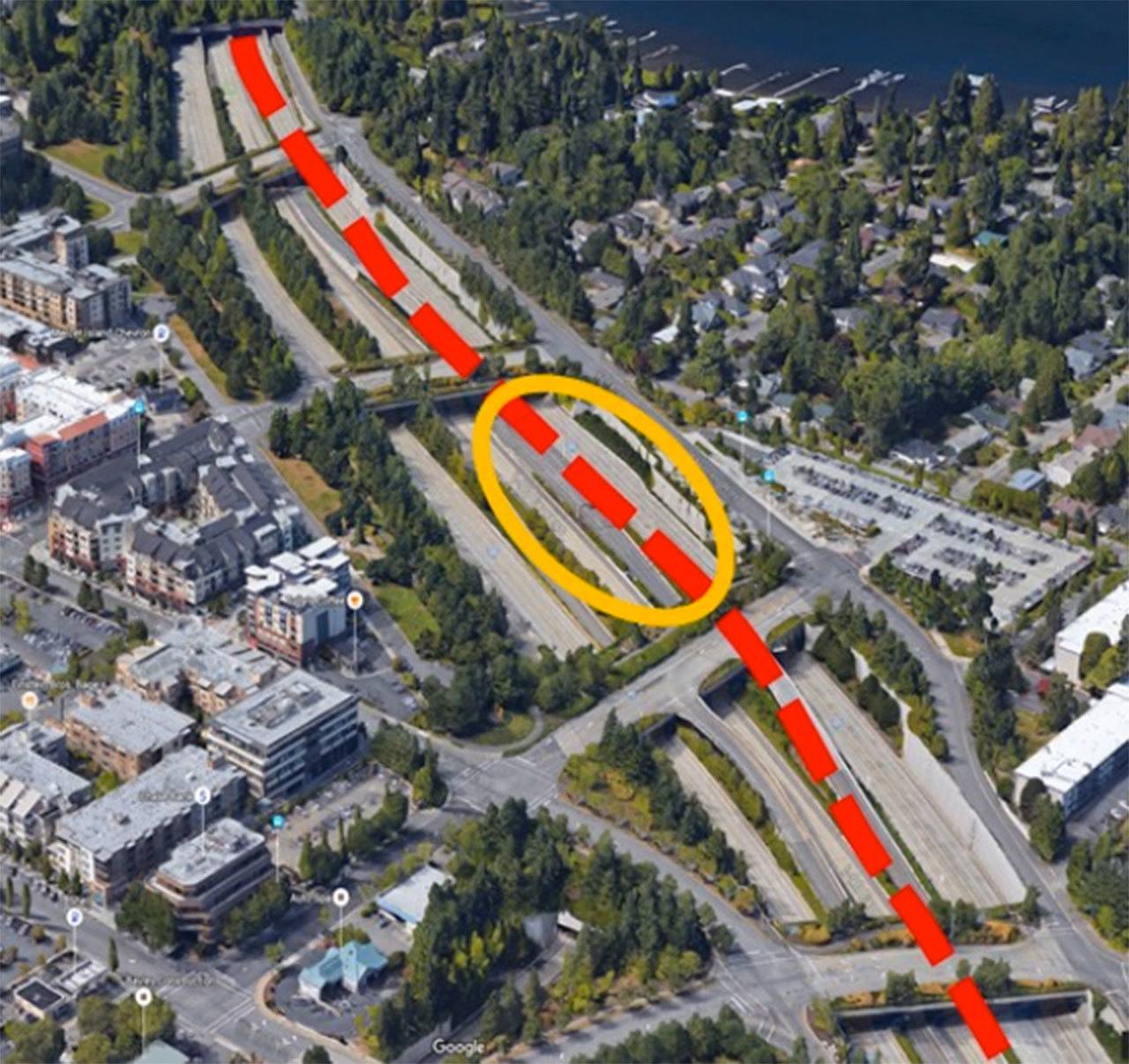 This aerial view of the stretch of I-90 by Mercer Island&rsquo;s Town Center shows the light rail alignment (dotted line) and planned station area (circled). Photo courtesy of the city of Mercer Island