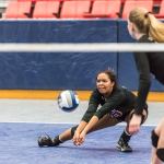 Adara Hamilton crouches low for the defensive save. Photo courtesy of John Fisk.