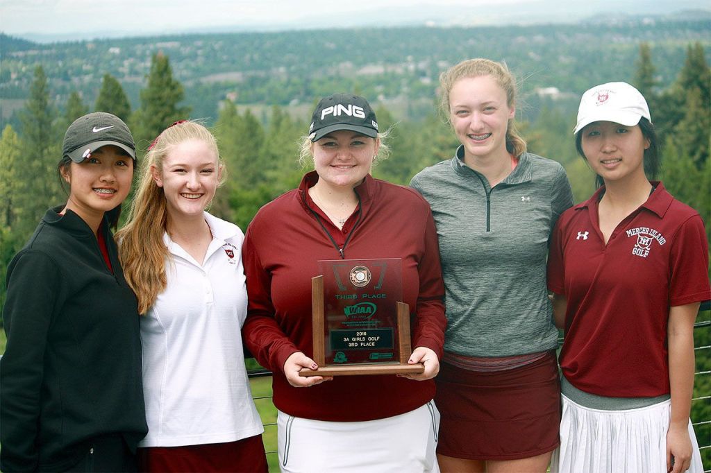 From left, Mercer Island girls golf state competitors Estey Chen, Ella Warburg, Kate Peterson, Madelyn Quickstad and Abby Zhong. File photo.