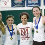 From left, Fiona Brasfield, Sammy Sweet, Mercer Island girls tennis coach Carol Gullstad, Caroline Hamilton and Chloe Gage show off the medals won by the Islander doubles teams. File photo.