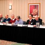 Mercer Island Mayor Bruce Bassett (third from left) discusses pass-through traffic and other transportation issues with regional leaders including King County Executive Dow Constantine (far right) and Issaquah Mayor Fred Butler (second from right). Nicole Jennings/staff photo