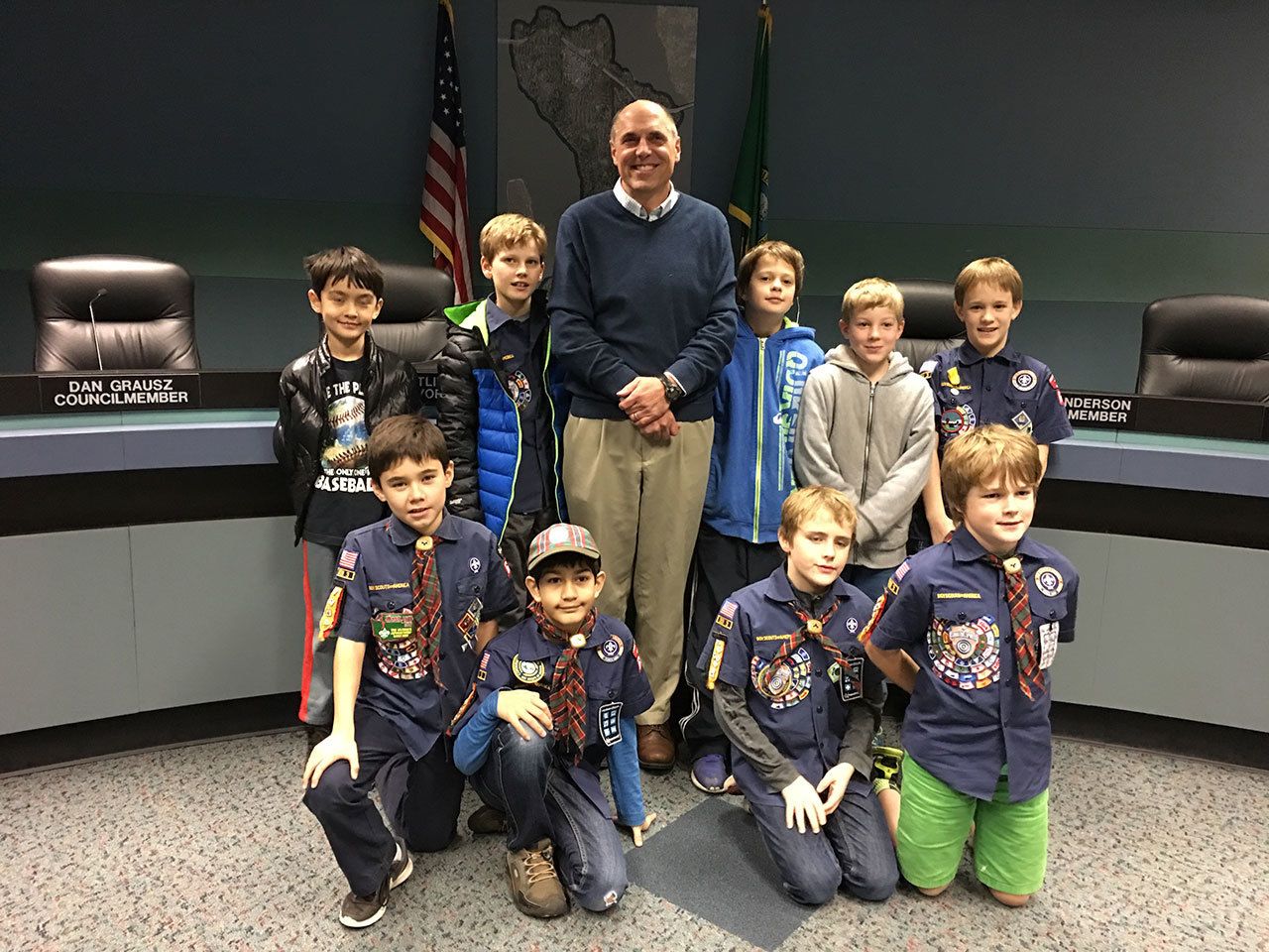 Mercer Island Mayor Bruce Bassett met with the fifth-grade Webelos from Pack 668 prior to the City Council Meeting on Nov. 21. Contributed photo