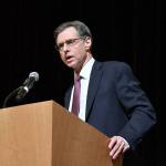 Joseph Quinlan, the managing director and chief market strategist at U.S. Trust, Bank of America Private Wealth Management, speaks to a crowd about Trumponomics during the Bellevue Chamber&rsquo;s recent Eastside economic forecast breakfast. Photo courtesy of Evelyn Hou
