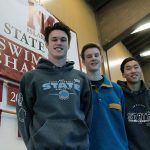 From left, Mercer Island swim captains Jimmy Markwith, Hunter Peshkin and Chris Shin (Joe Livarchik/staff photo).
