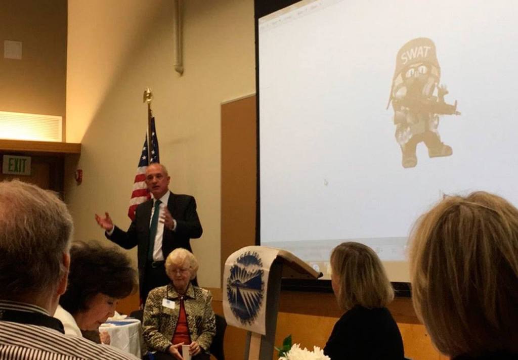 King County Sheriff John Urquhart speaks to the Mercer Island Chamber on Jan. 5. about changing technologies and techniques in policing. Katie Metzger/staff photo