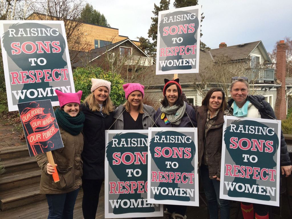 Mercer Island women made signs with the message of &ldquo;Raising Sons to Respect Women.&rdquo; It was a &ldquo;positive and strengthening day that we will never forget,&rdquo; said Islander Paulette Denman. Photo courtesy of Paulette Denman