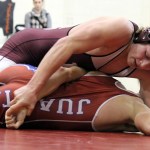 Photo courtesy of Jamie Childress                                Mercer Island Islanders wrestler Donnie Howard (top) gains the upper hand against Juanita&rsquo;s Nate Martin on Jan. 26. Howard earned a 6-0 win against Martin.