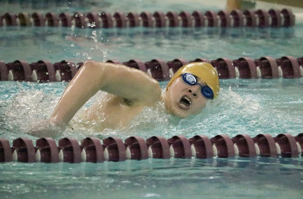 Mercer Island&rsquo;s James Richardson competes in the 500 free at the KingCo championships. Richardson placed seventh overall with a time of 4:55.86 (Joe Livarchik/staff photo).