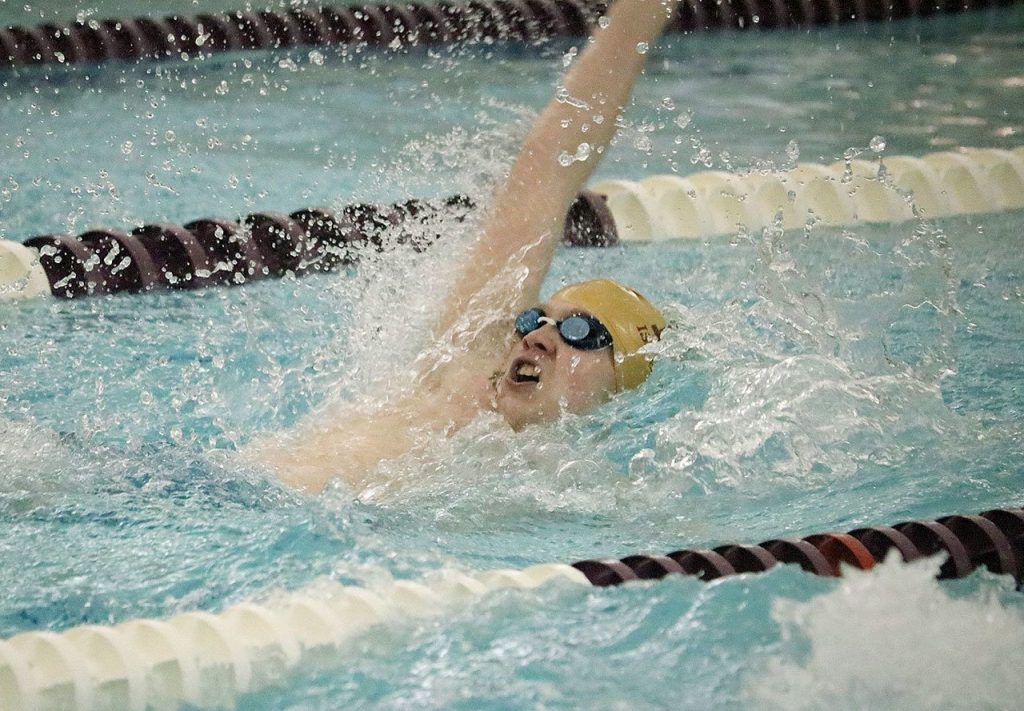 Mercer Island&rsquo;s Oliver Hoff competes in the 100 back at the KingCo championships. Hoff won the event with a time of 54.31 (Joe Livarchik/staff photo).