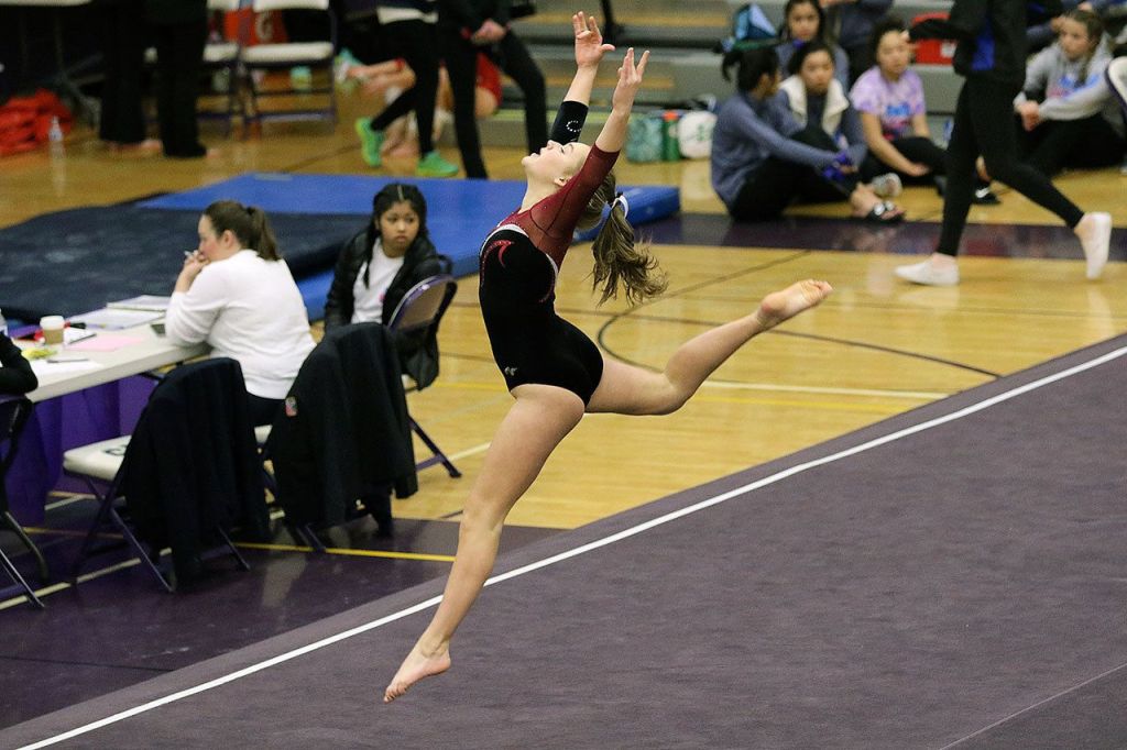 Mercer Island&rsquo;s Emerey Sampson performs in the floor event during the KingCo 2A/3A gymnastics championships on Feb. 4. Sampson qualified for districts in all four of the KingCo championship meet&rsquo;s events (photo courtesy of Willy Paine).