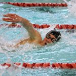 Mercer Island&rsquo;s Killian Riley competes in the 500 free Saturday at Mary Wayte Pool. Riley placed second with a time of 4:47.17 (Joe Livarchik/staff photo).