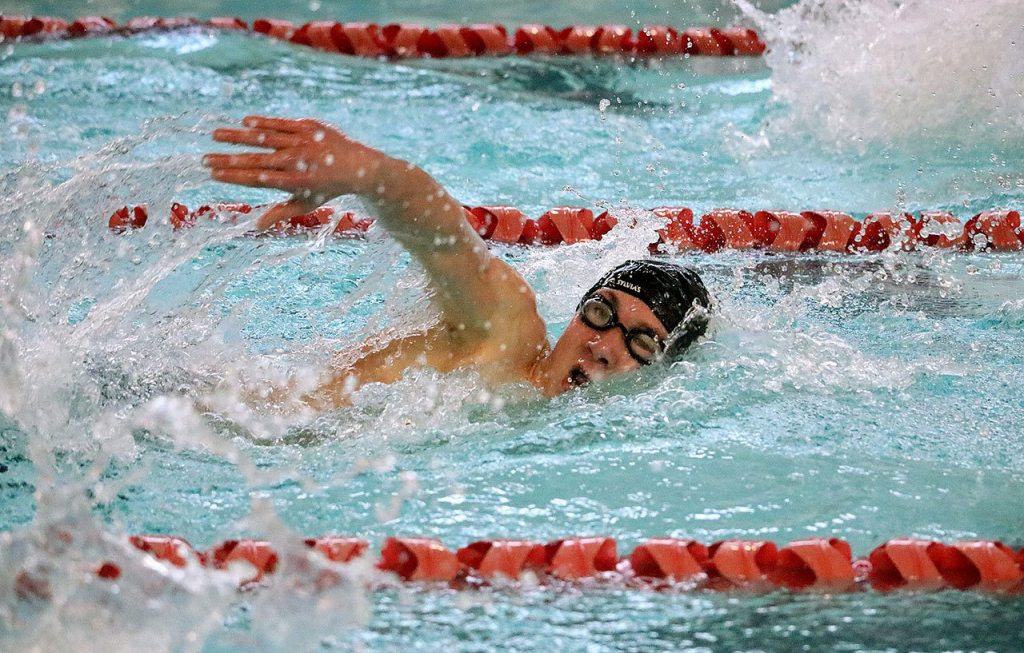 Mercer Island&rsquo;s Killian Riley competes in the 500 free Saturday at Mary Wayte Pool. Riley placed second with a time of 4:47.17 (Joe Livarchik/staff photo).