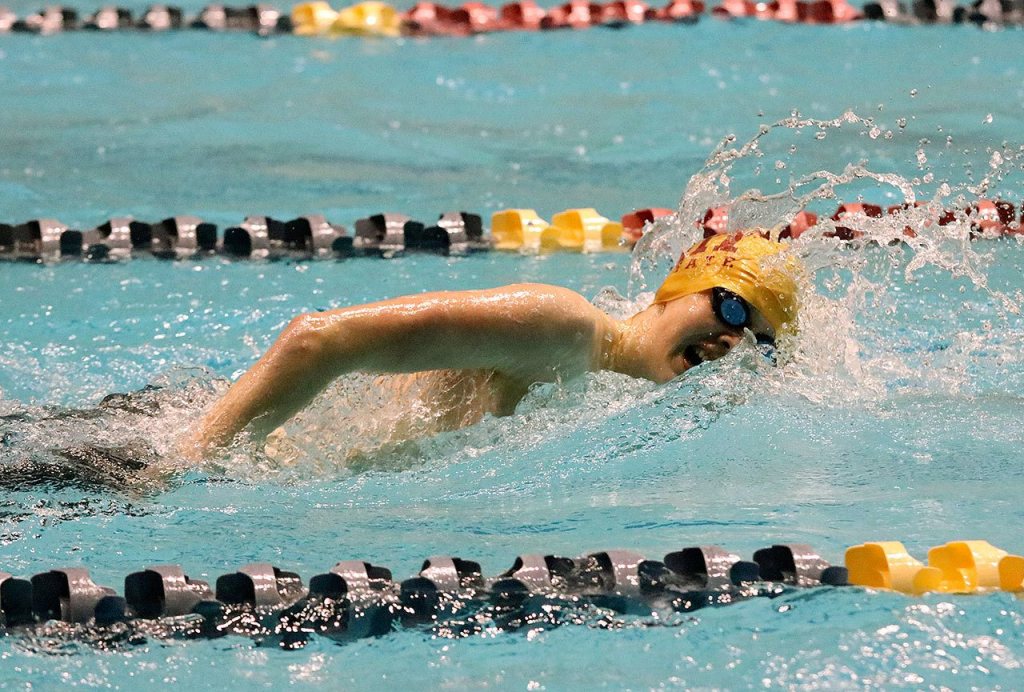 Mercer Island&rsquo;s Oliver Hoff competes in the 200 free. Hoff placed eighth with a time of 1:51.4 (Joe Livarchik/staff photo).