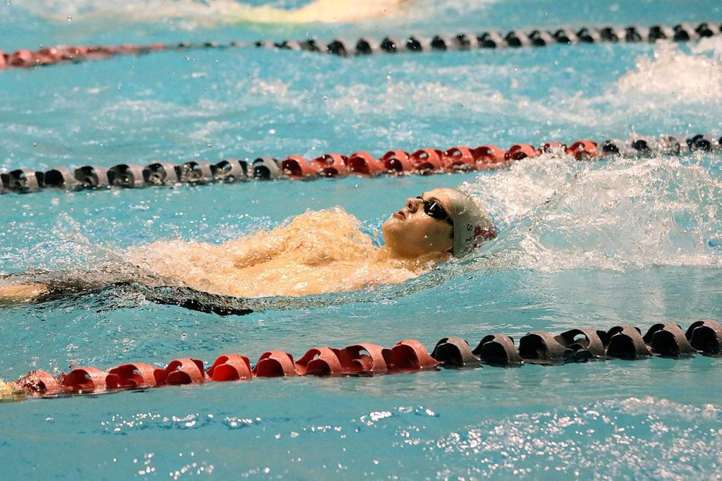 Mercer Island&rsquo;s Kyle Bailey competes in the 200 IM. Bailey placed fifth with a time of 1:57.75 (Joe Livarchik/staff photo).