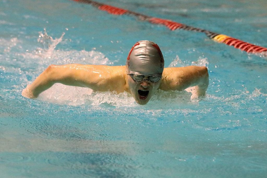Mercer Island&rsquo;s James Richardson competes in the 100 fly. Richardson placed eighth in the event with a time of 53.64 (Joe Livarchik/staff photo).