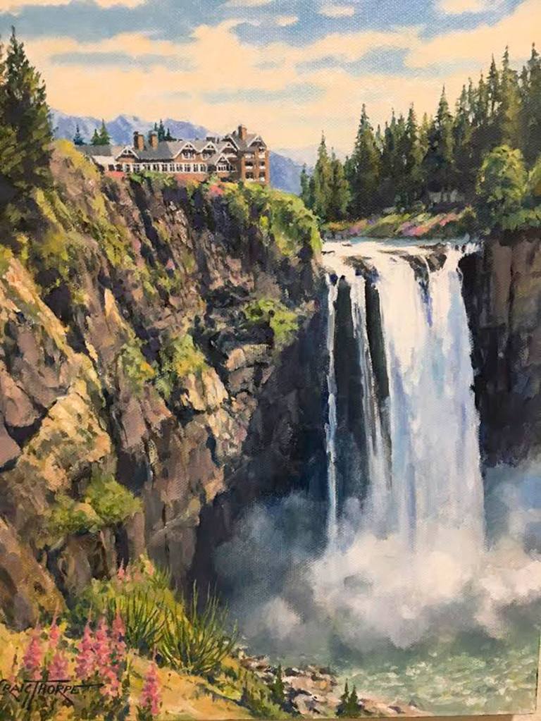 J. Craig Thorpe, the local artist featured at Covenant Shores, enjoys depicting the Northwest&rsquo;s most iconic scenes, like Snoqualmie Falls. Image courtesy of J. Craig Thorpe