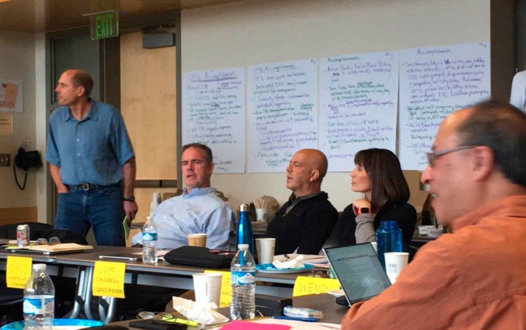 From left, Mayor Bruce Bassett, Councilmember Dave Wisenteiner, Councilmember Jeff Sanderson, City Manager Julie Underwood and Councilmember Benson Wong discuss the Mercer Island&rsquo;s priorities at the Feb. 4 planning session. Katie Metzger/staff photo