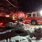 Fire trucks park in snowy streets in Mercer Island. Photo courtesy of Chris Peterson/Mercer Island Firefighters IAFF Local 1762