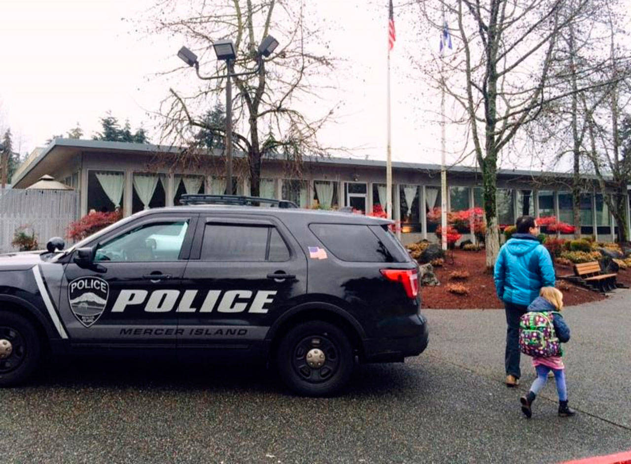 A Mercer Island police patrol vehicle stationed at the SJCC, which received a telephone bomb threat on Feb. 27. Photo courtesy of the city of Mercer Island