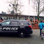 A Mercer Island police patrol vehicle stationed at the SJCC, which received a telephone bomb threat on Feb. 27. Photo courtesy of the city of Mercer Island