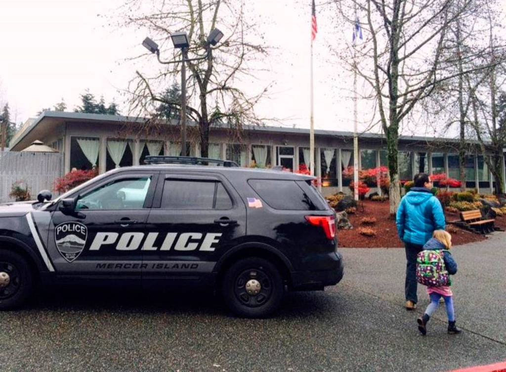 A Mercer Island police patrol vehicle stationed at the SJCC, which received a telephone bomb threat on Feb. 27. Photo courtesy of the city of Mercer Island