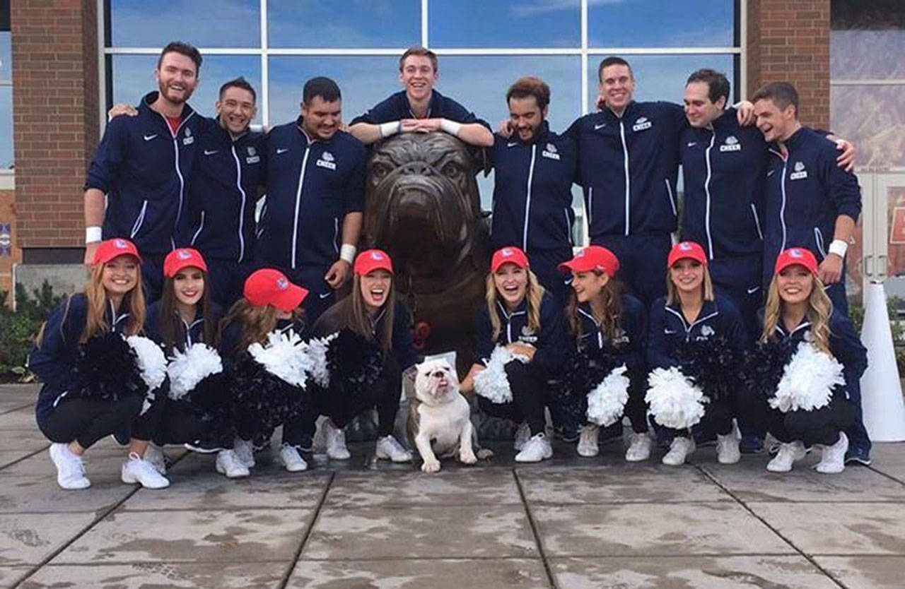Gonzaga&rsquo;s Final Four appearance on Saturday is the first-ever in program history. Three Islanders &mdash; Emily Lightfoot, Danni Noonan and Joshua Bradley &mdash; are on the cheer team. Photo courtesy of Suzy Lightfoot